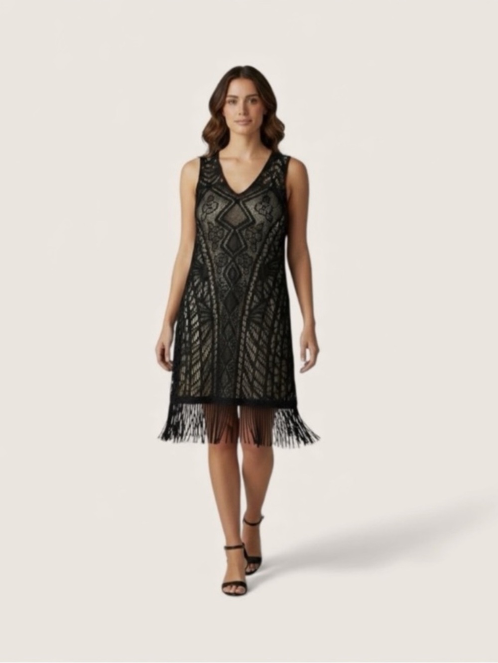ECI NWT crochet black tan pullover stretch lace flapper sleeveless dress large